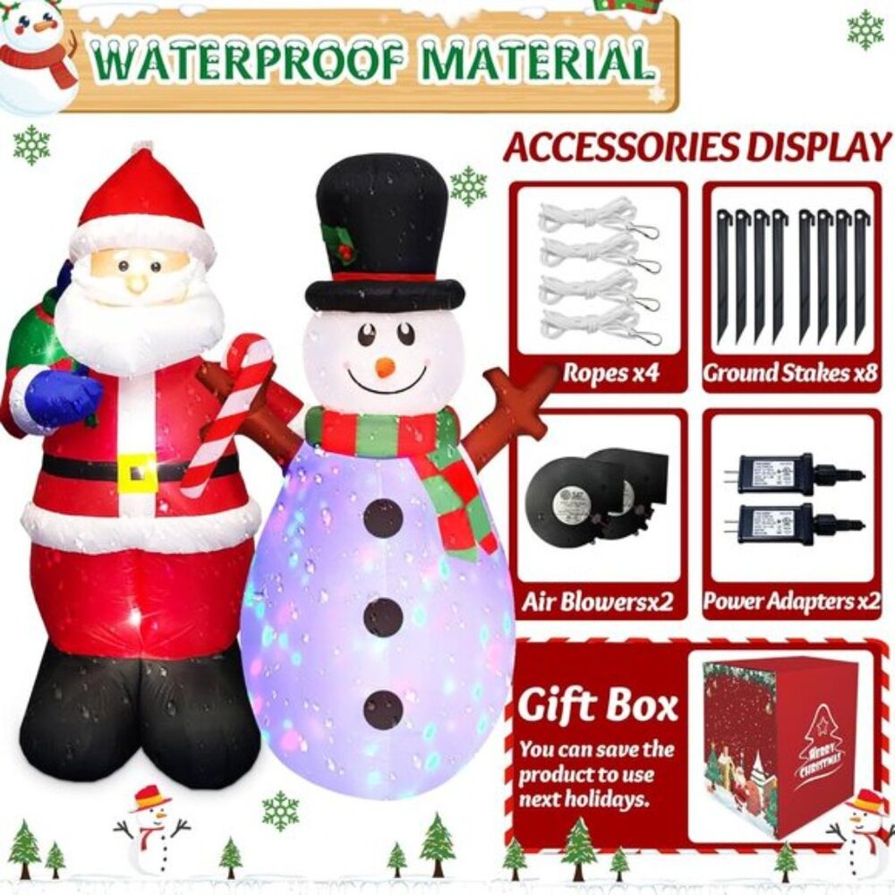 New 5FT Set of 2 Christmas Inflatables Snowman with Rotating LEDs & Santa Claus - Picture 6 of 7